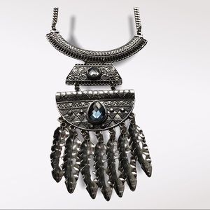 Silver Leaf & Blue Crystal Statement Necklace